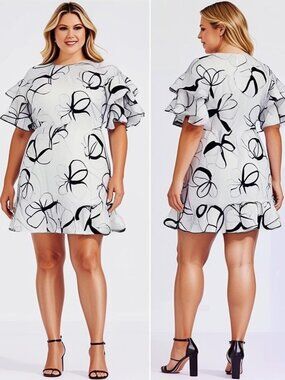 Vince Camuto White Black Floral Layered Ruffle Flutter Sleeve Mini Dress Size 16